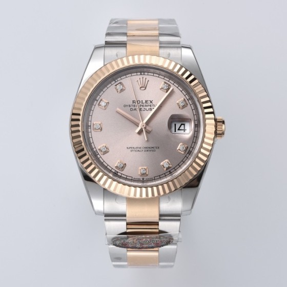 Datejust series men's and women's watch with diamond accents, pink dial, gold bezel, 41mm, two-tone Oyster bracelet.
